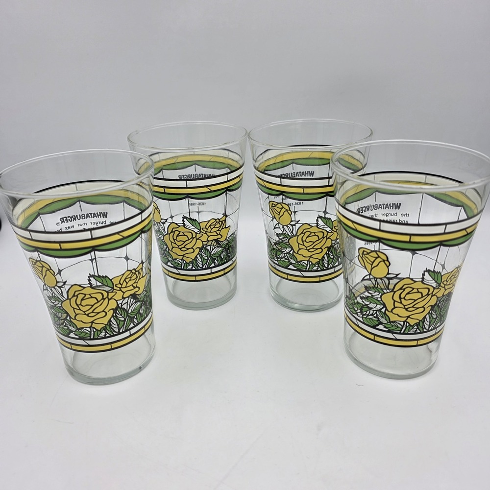 Vtg Whataburger Yellow Rose of Texas 150th Anniv. 16oz Glasses Collectable 4Pc.